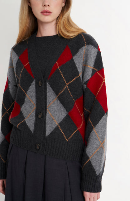 Women's Chunky All Over Argyle Cashmere Cardigan in Charcoal & Red