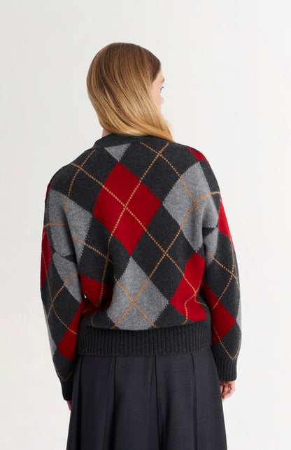 Women's Chunky All Over Argyle Cashmere Cardigan in Charcoal & Red