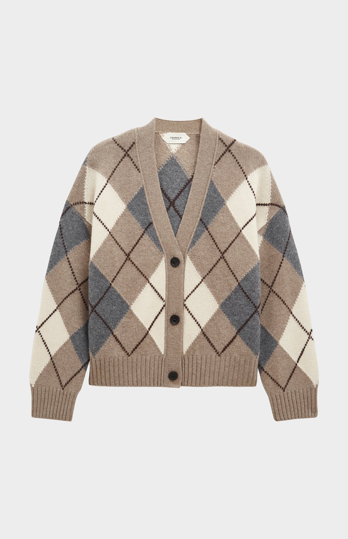 Women's Chunky All Over Argyle Cashmere Cardigan in Mushoom & Grey