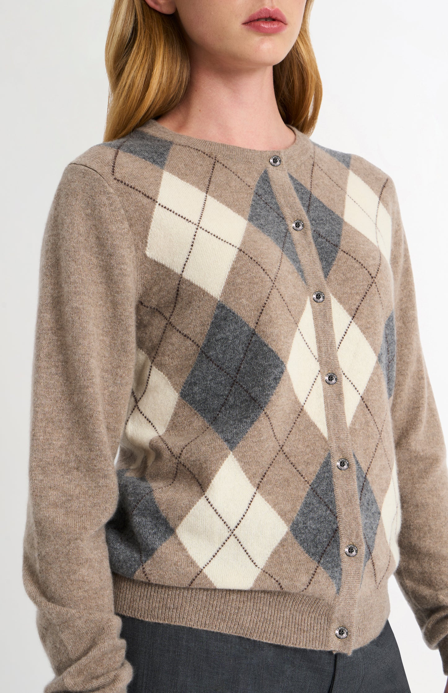 Women's Crew Neck Cashmere Argyle Cardigan In Mushroom / Grey / Yellow