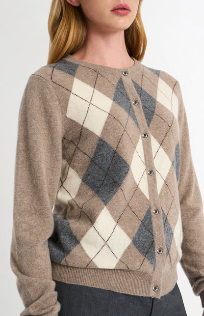 Women's Crew Neck Cashmere Argyle Cardigan In Mushroom / Grey / Yellow