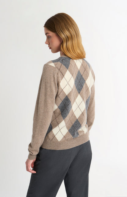 Women's Crew Neck Cashmere Argyle Cardigan In Mushroom / Grey / Yellow