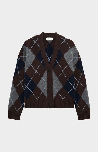 Women's Chunky All Over Argyle Cashmere Cardigan in Brown / Navy / Grey