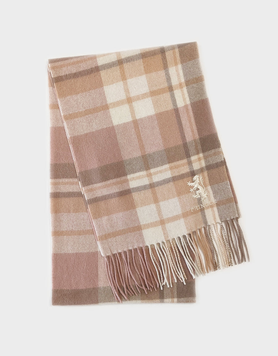 Checked Lambswool Scarf with Pringle Lion embroidery in Beige.