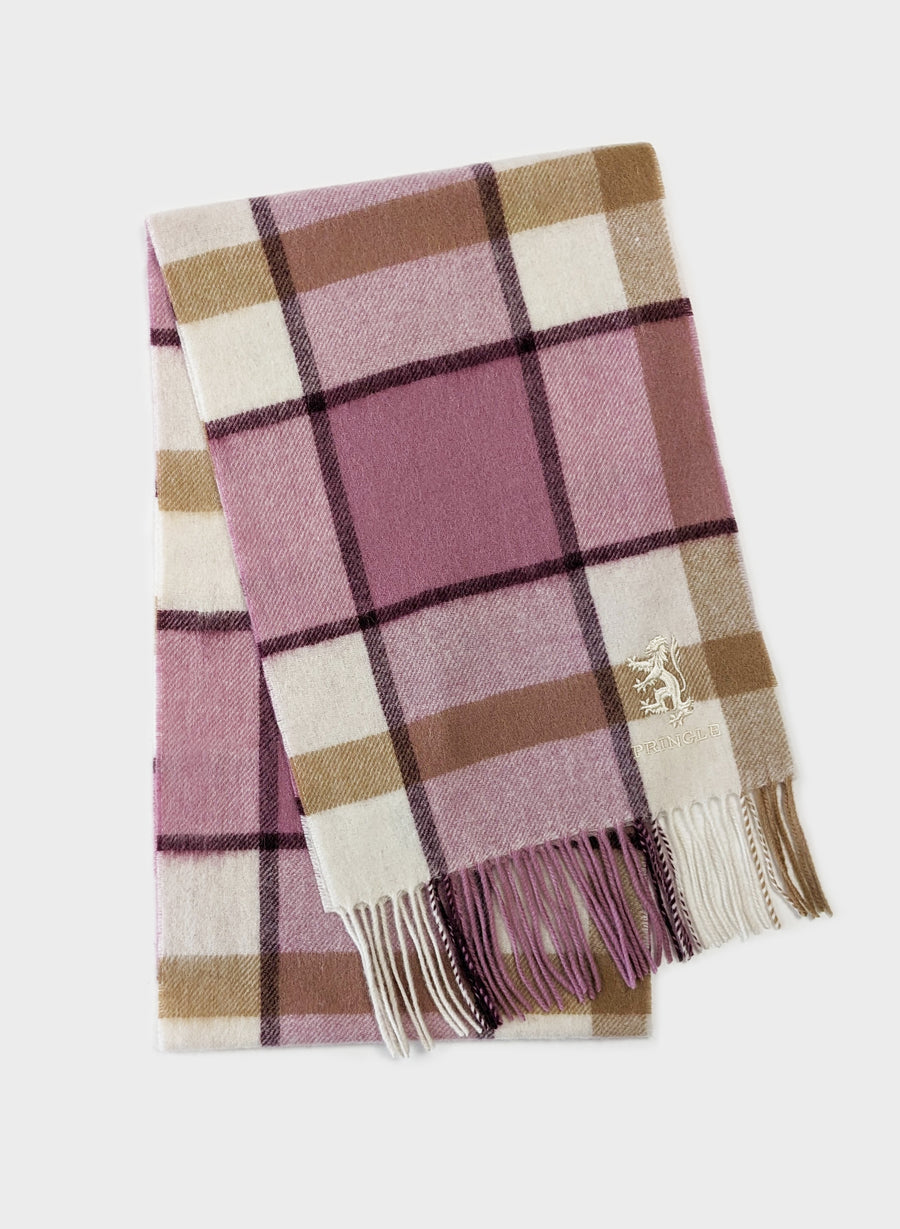 Checked Lambswool Scarf with Pringle Lion embroidery in Pink