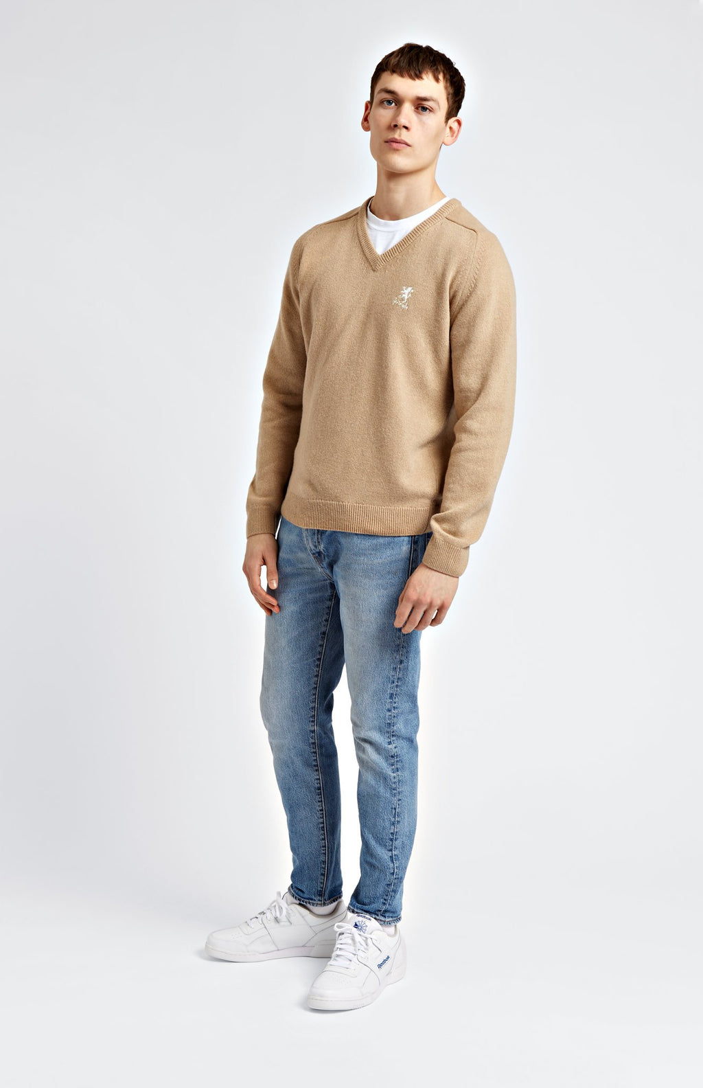 Pringle of Scotland Archive Men's V neck Lambswool Jumper In Camel