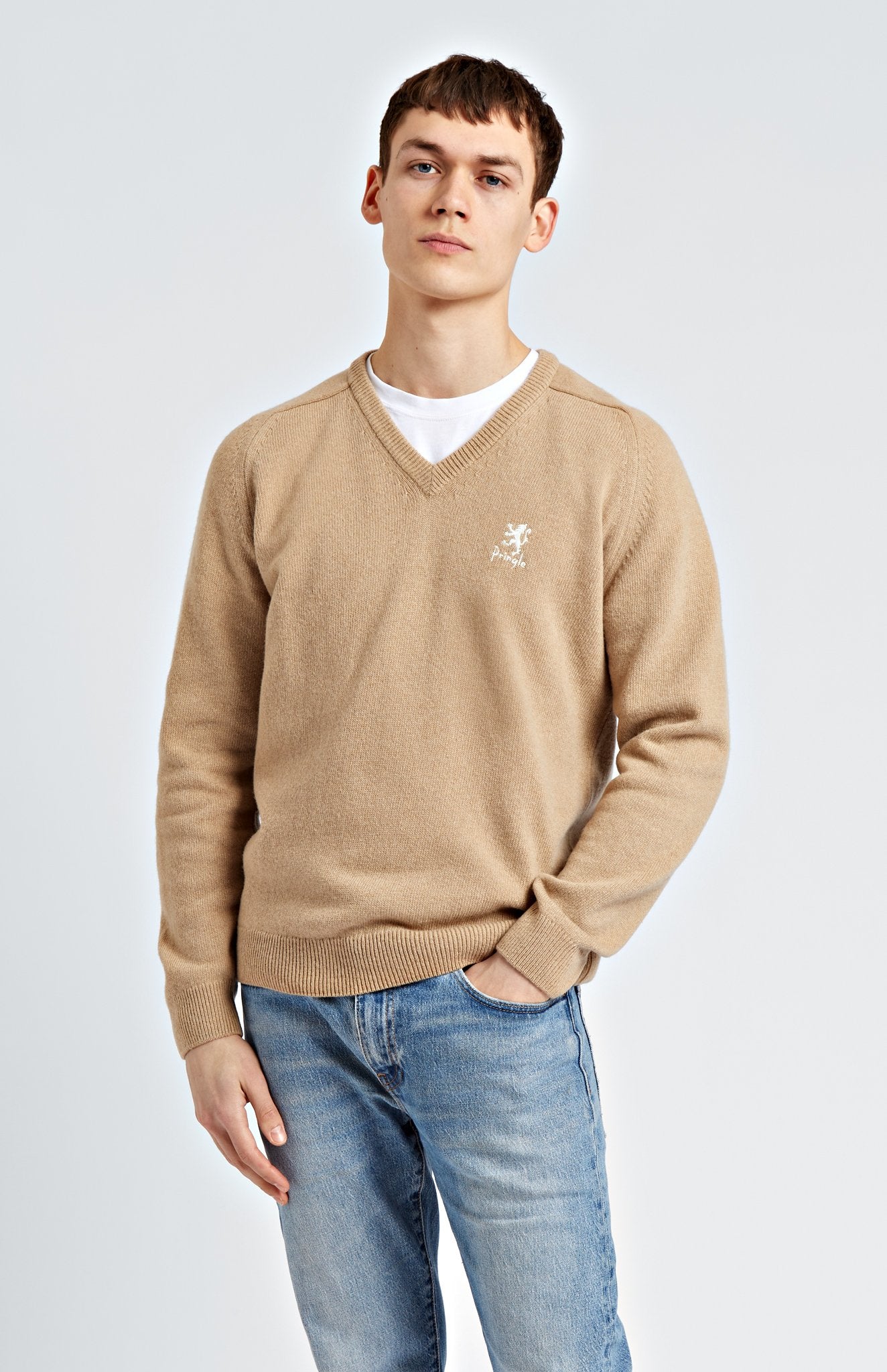 Pringle of Scotland Archive Men's V neck Lambswool Jumper In Camel on model