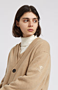 Pringle of Scotland Women's Archive Lambswool Blend Cardigan in Camel showing embroidery