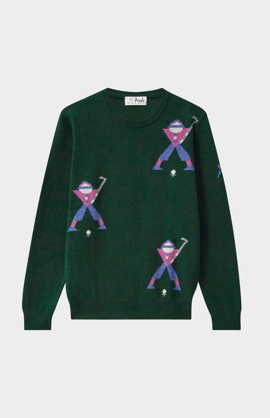 Unisex Round Neck Multi Geometric George Golf Jumper In Green.