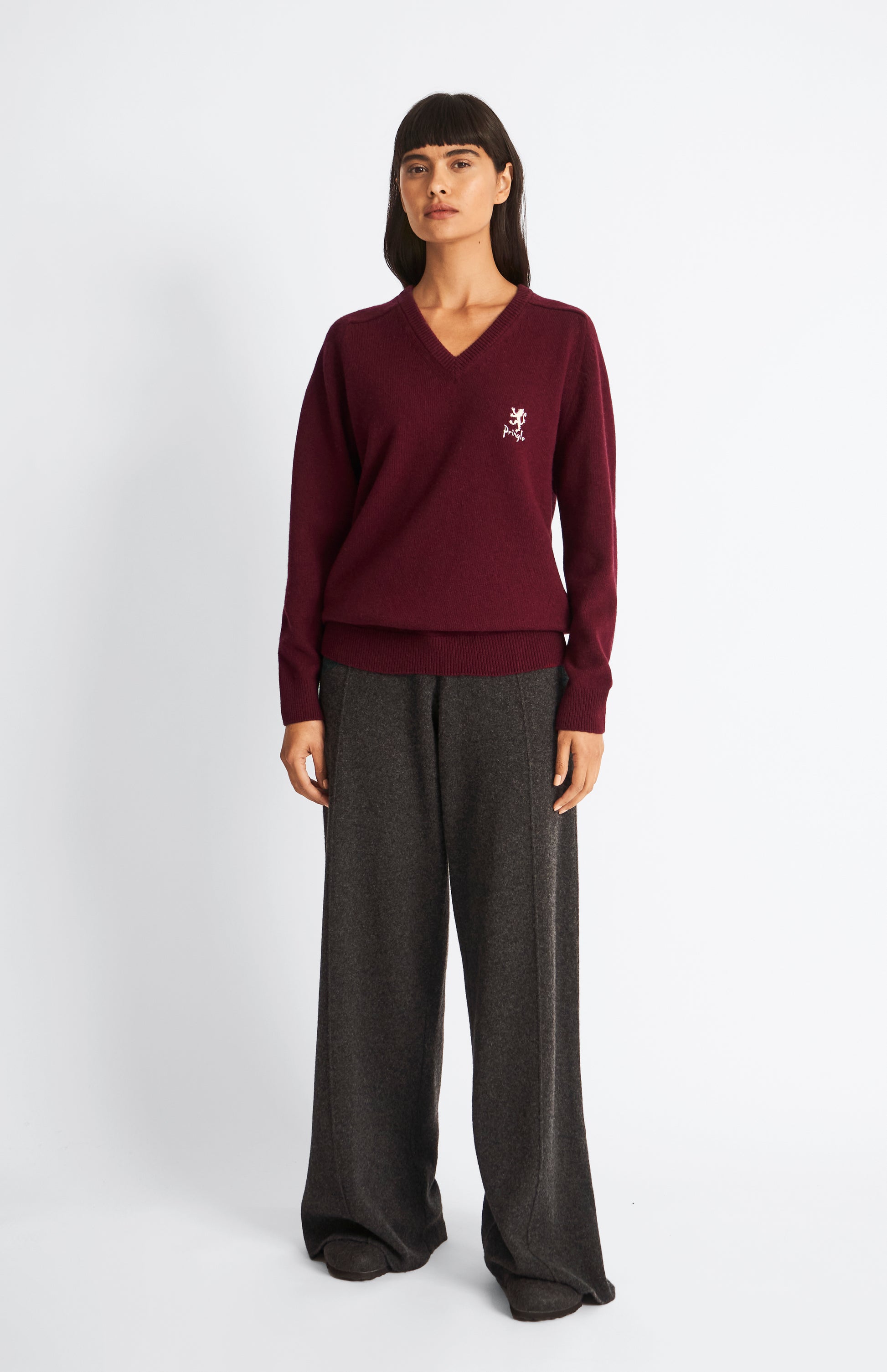 Pringle of Scotland Archive Women's V neck Lambswool Jumper In Claret on model 