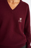 Pringle of Scotland Archive Women's V neck Lambswool Jumper In Claret showing embroidery