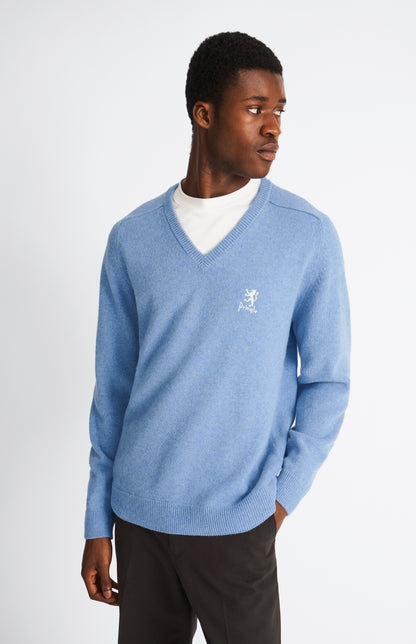 Pringle of Scotland Archive Men's V neck Lambswool Jumper In Carolina Blue on model