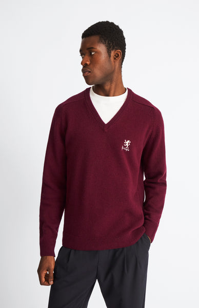 Pringle Men's V Neck Centre Argyle Lambswool Jumper in Brown & Claret