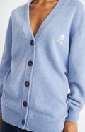 Pringle Women's Archive Lambswool Blend Cardigan in Carolina Blue showing buttons and embroidery