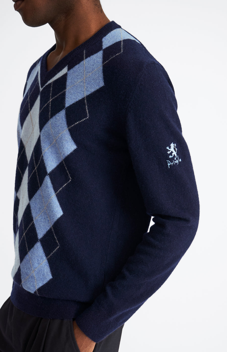 Pringle Men's V Neck Centre Argyle Lambswool Jumper in Navy & Blue showing embroidery