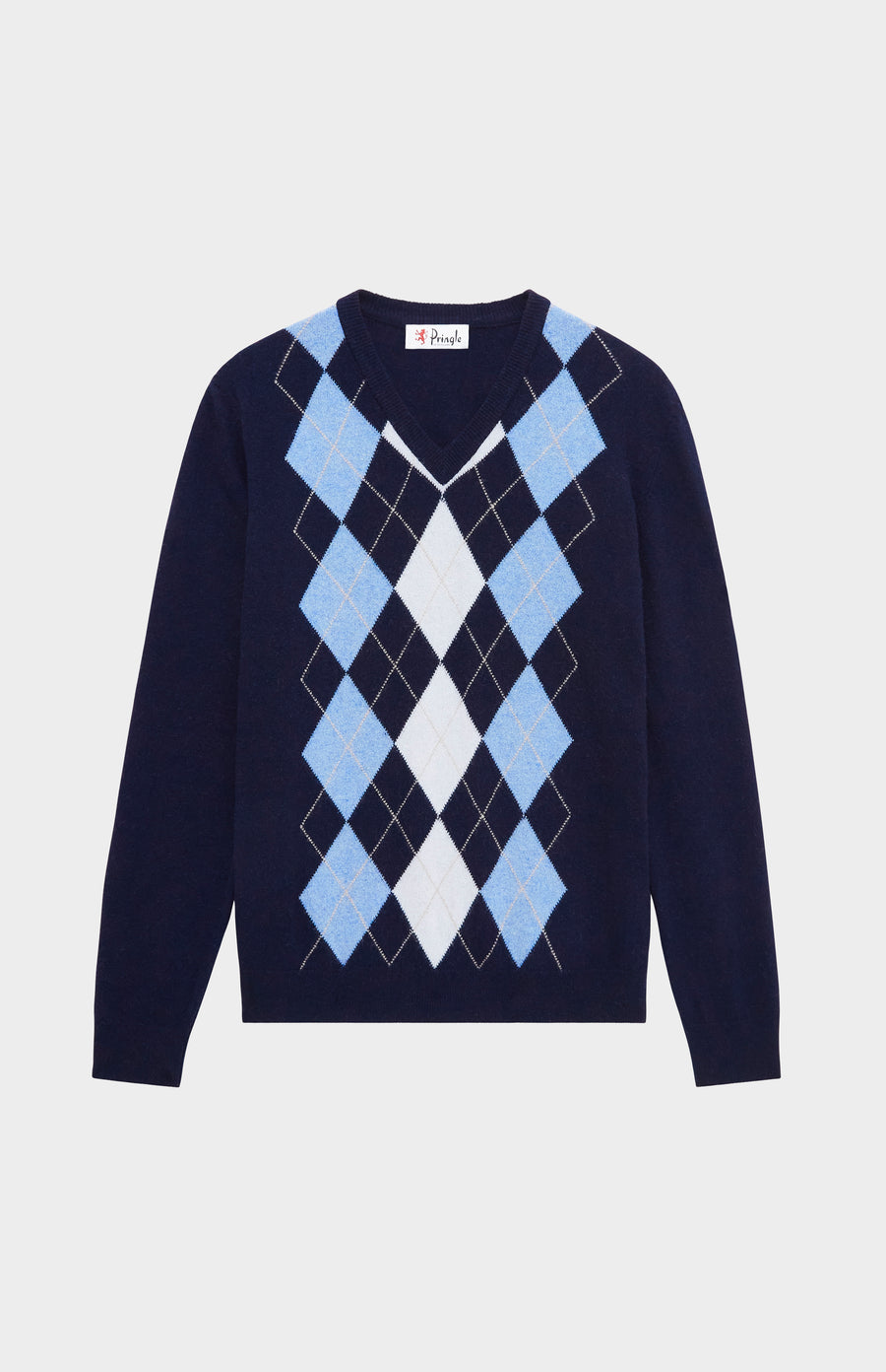 Pringle Men's V Neck Centre Argyle Lambswool Jumper in Navy & Blue