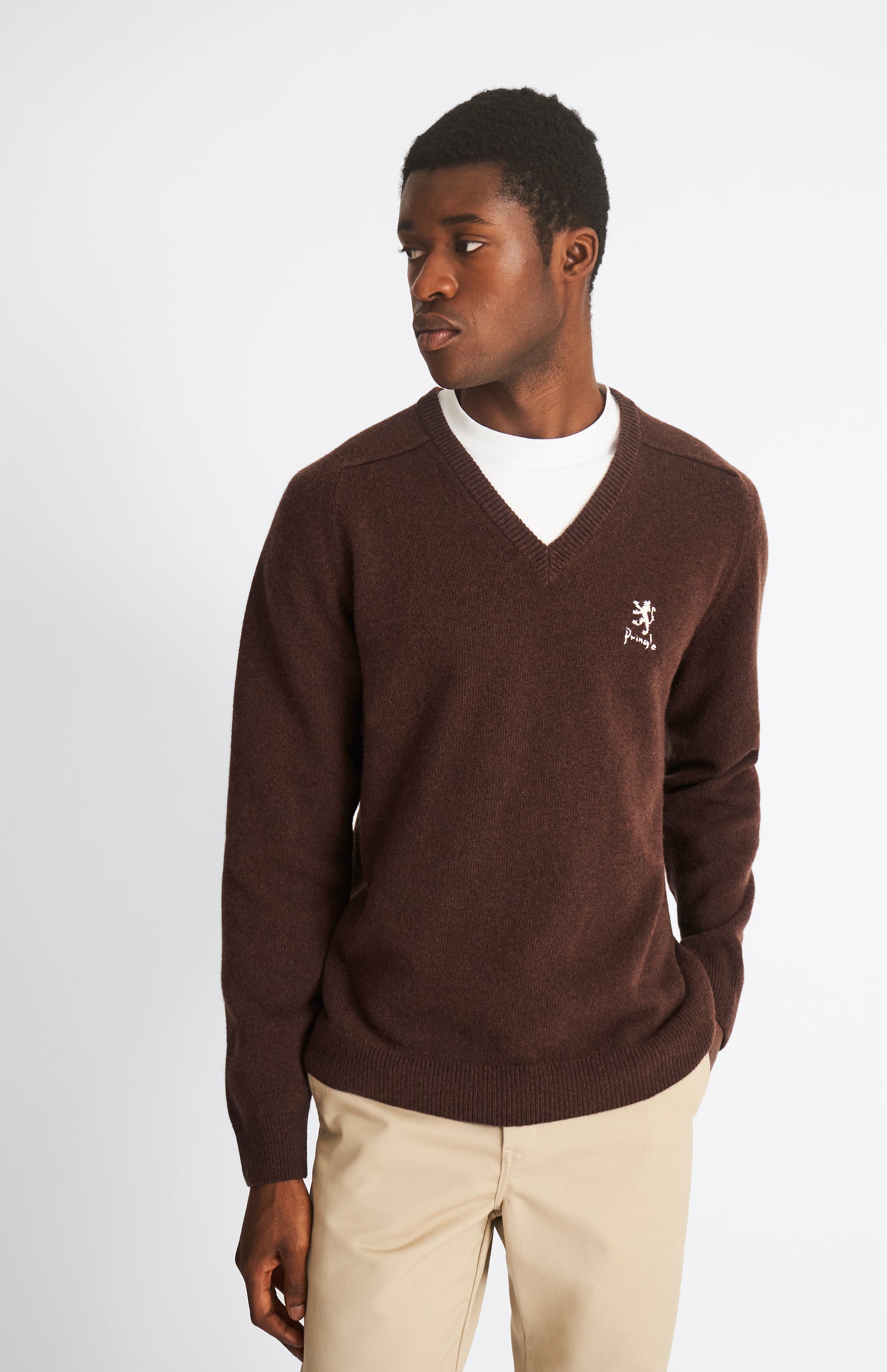 Pringle of Scotland Archive Lambswool Jumper In Dark Brown on model