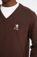 Pringle of Scotland Archive Lambswool Jumper In Dark Brown embroidery detail