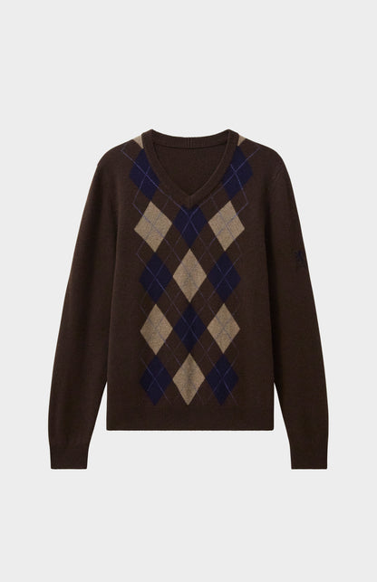 Men's V Neck Lambswool Argyle Jumper In Umber/natural/midnight