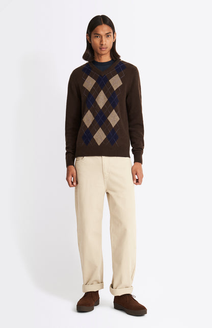 Men's V Neck Lambswool Argyle Jumper In Umber/natural/midnight