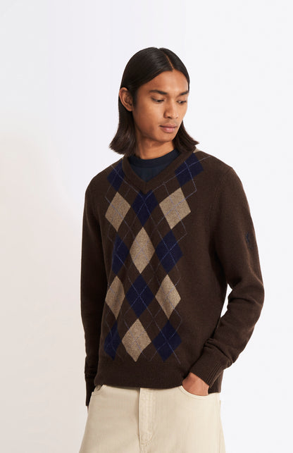 Men's V Neck Lambswool Argyle Jumper In Umber/natural/midnight