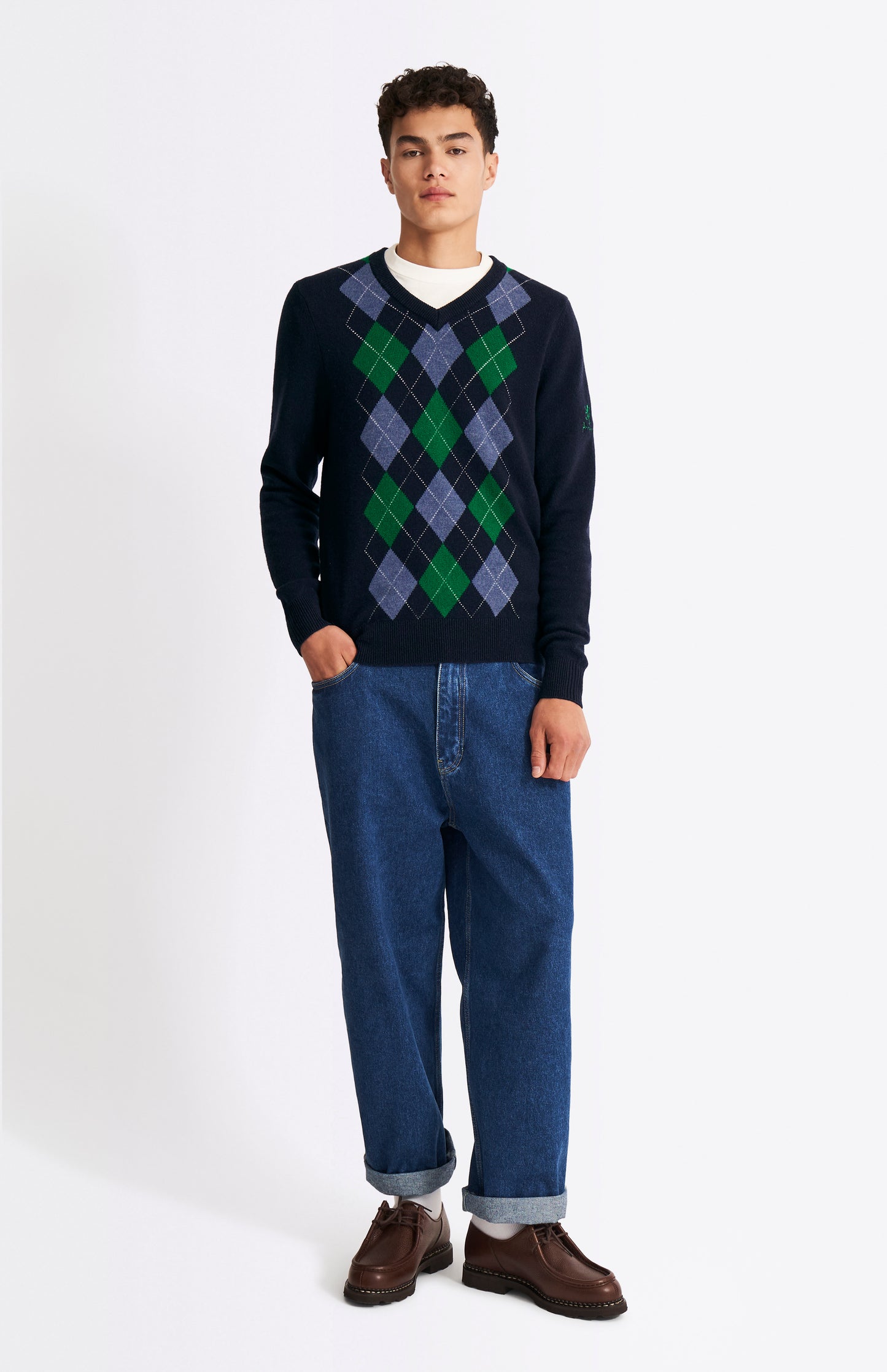 Pringle Men's V Neck Centre Argyle Jumper In Midnight, Pine & Indigo on model full length