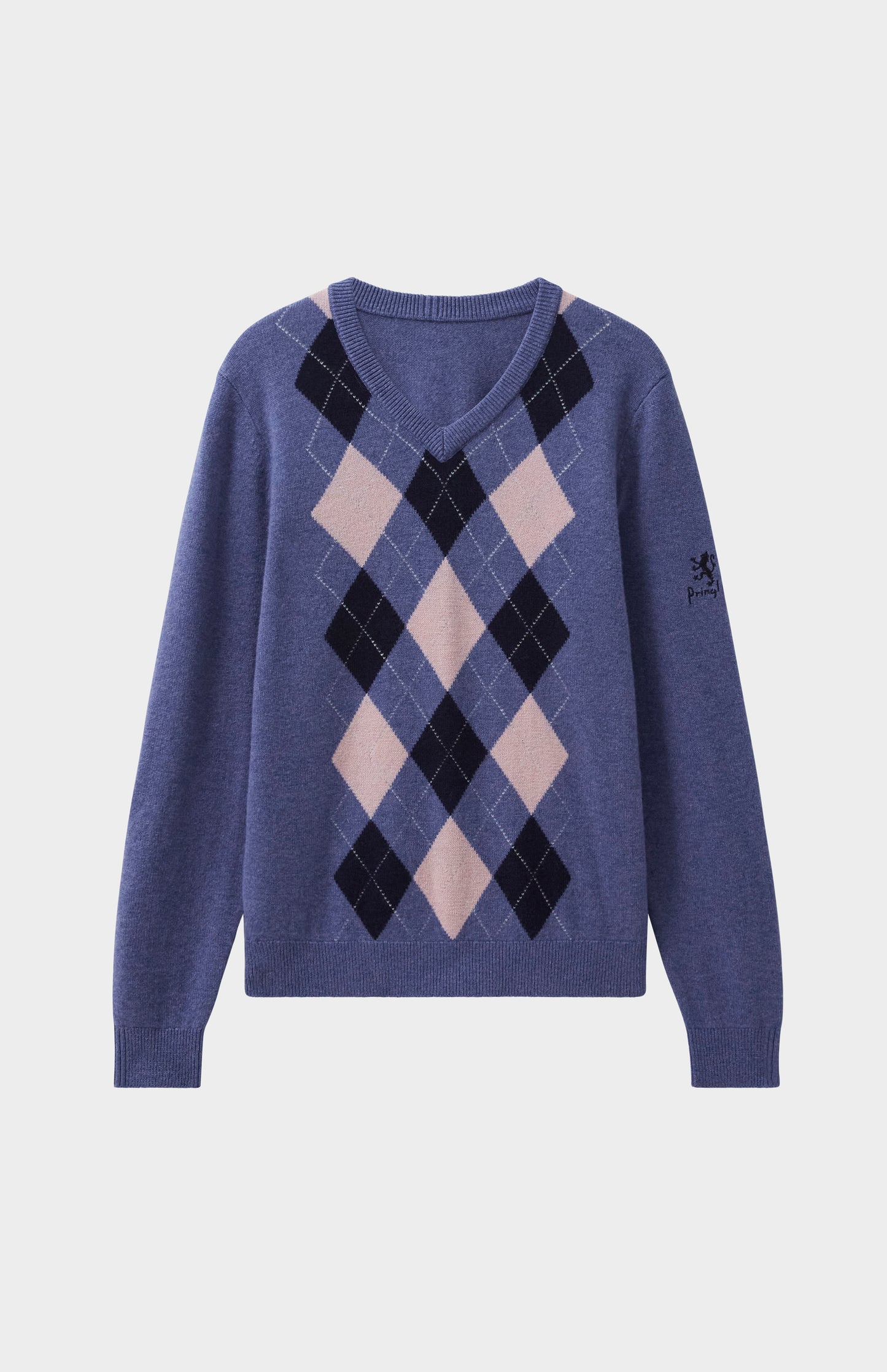 Men's V Neck Lambswool Argyle Jumper In Indigo/pink/midnight