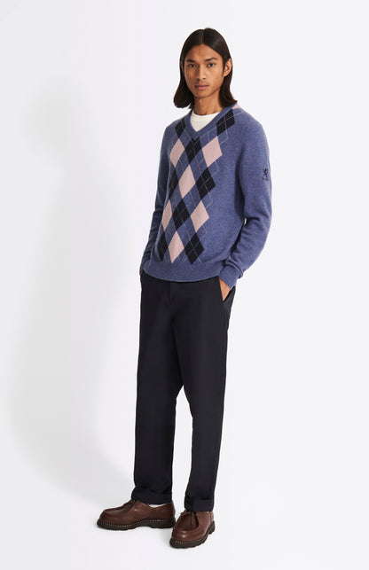 Men's V Neck Lambswool Argyle Jumper In Indigo/pink/midnight