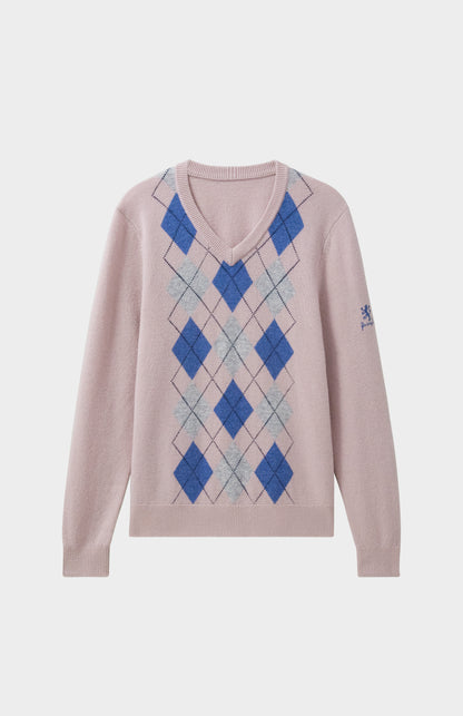 Pringle Men's V Neck Argyle Jumper In Dusty Pink, Light Grey & Indigo