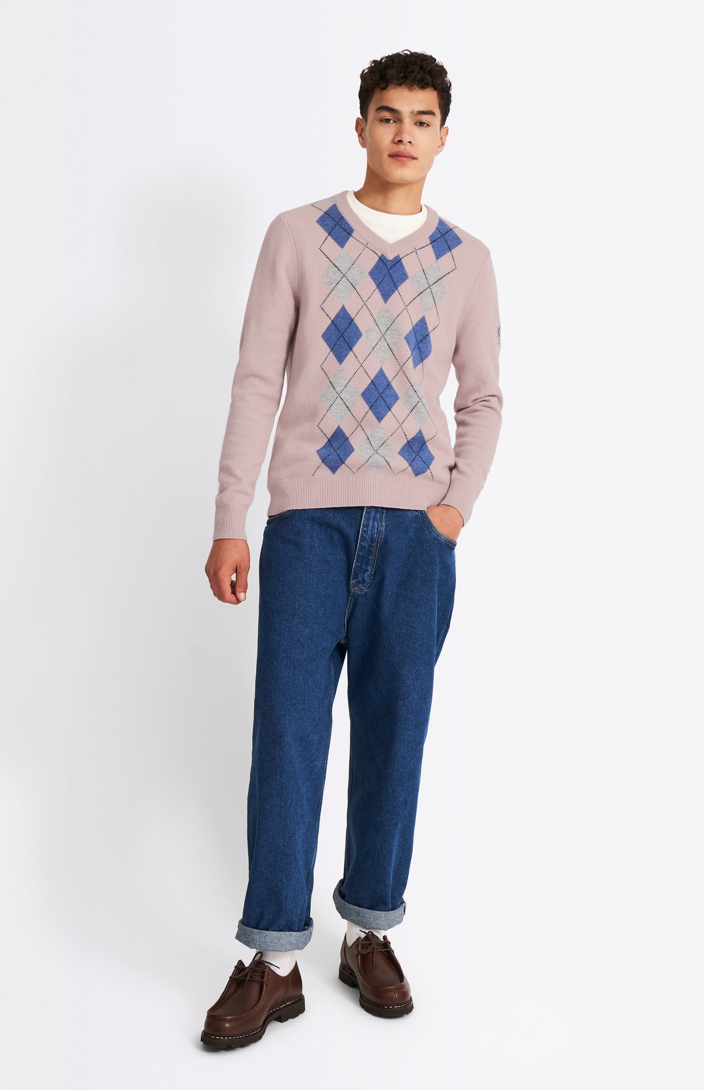 Pringle Men's V Neck Argyle Jumper In Dusty Pink, Light Grey & Indigo on model full length