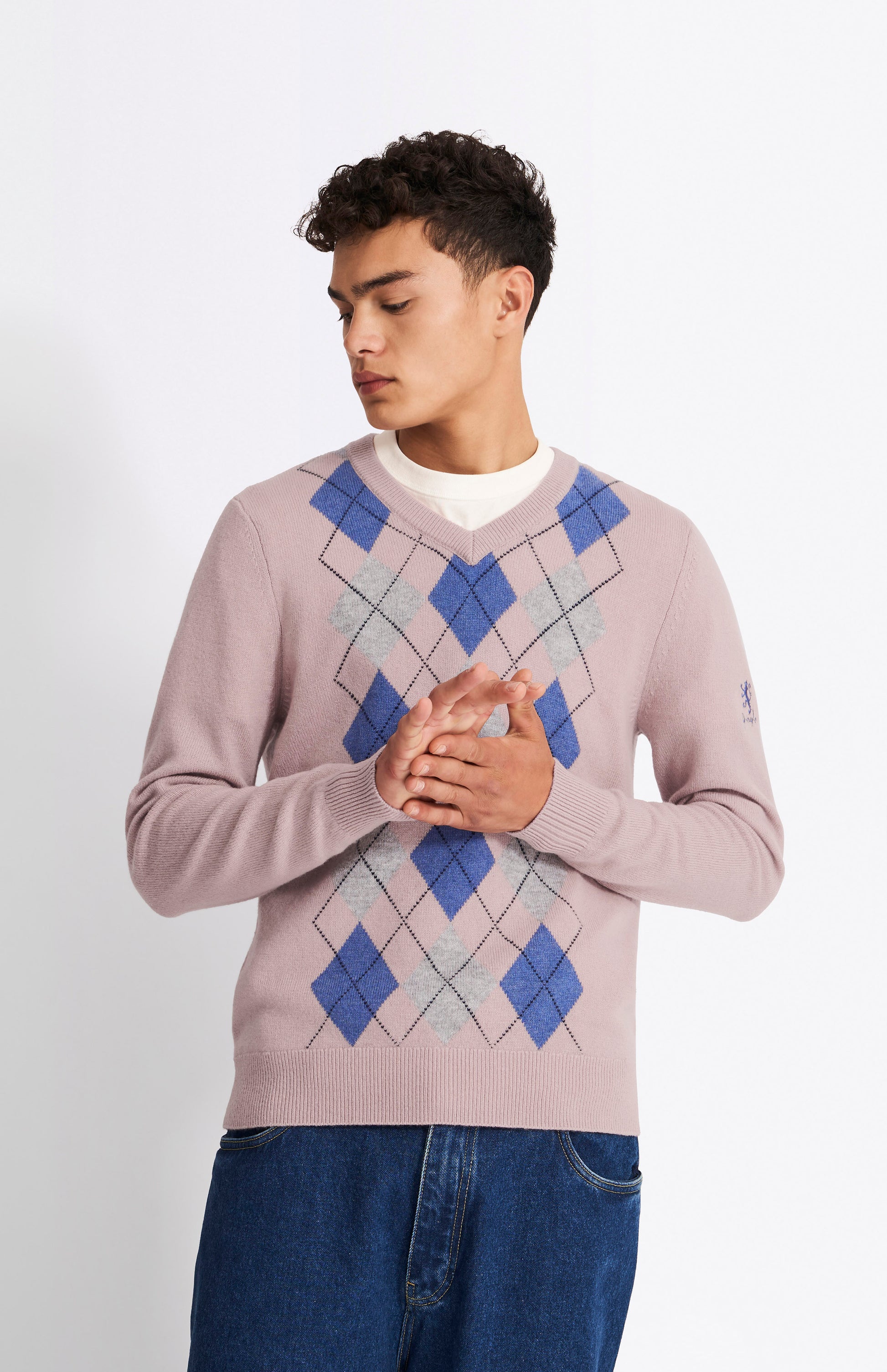 Pringle Men's V Neck Argyle Jumper In Dusty Pink, Light Grey & Indigo on model