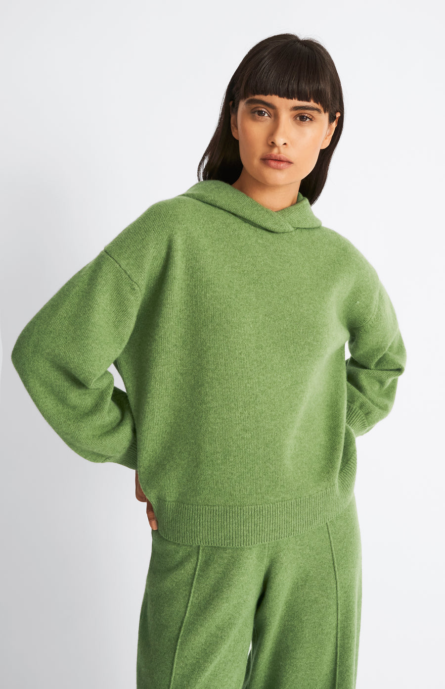 Pringle of Scotland Women's Cashmere Blend Hoodie In Wood Sage on model