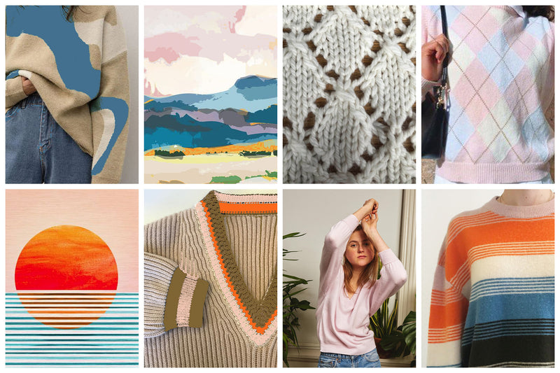 Collage of knitwear inspiration for Pringle of Scotland Autumn Winter 2022 collection