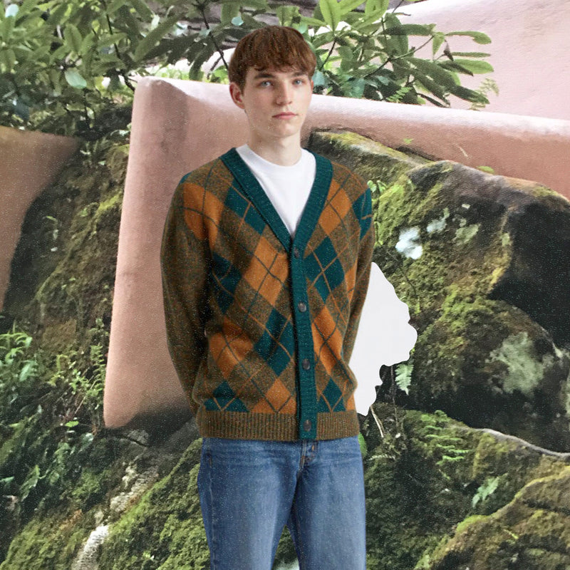 Model wears new season pringle of Scotland argyle from Autumn Winter 2022 collection