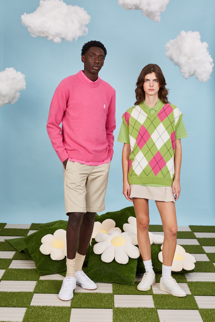 Round Neck Lambswool Blend Golf Jumper In Heather Pink on models - Pringle of Scotland