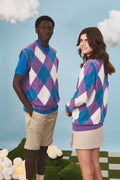 Unisex heritage argyle golf sleeveless jumper in Purple & Ivory on models - Pringle of Scotland 