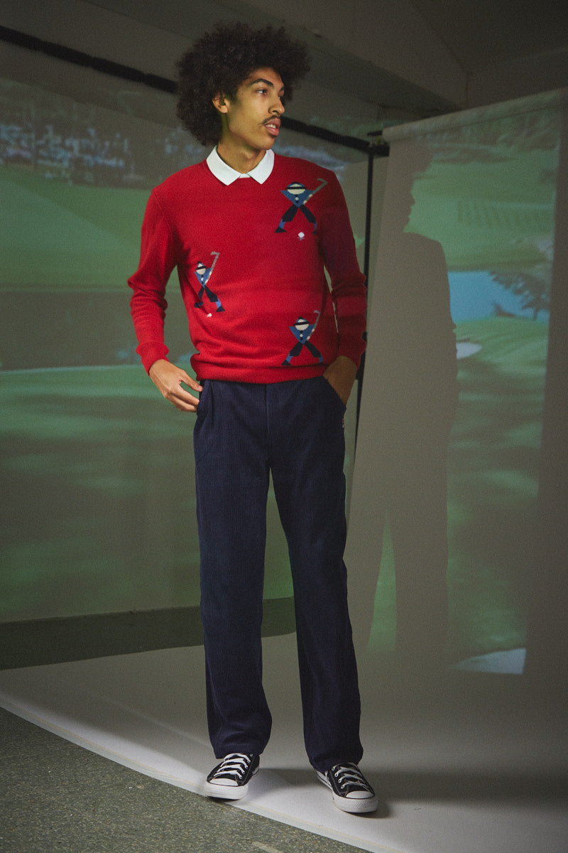 Unisex Round Neck Multi Geometric George Golf Jumper In Red.