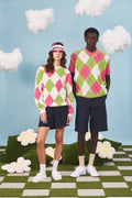 Unisex heritage argyle golf sleeveless jumper in Field Green & Ivory on models - Pringle of Scotland