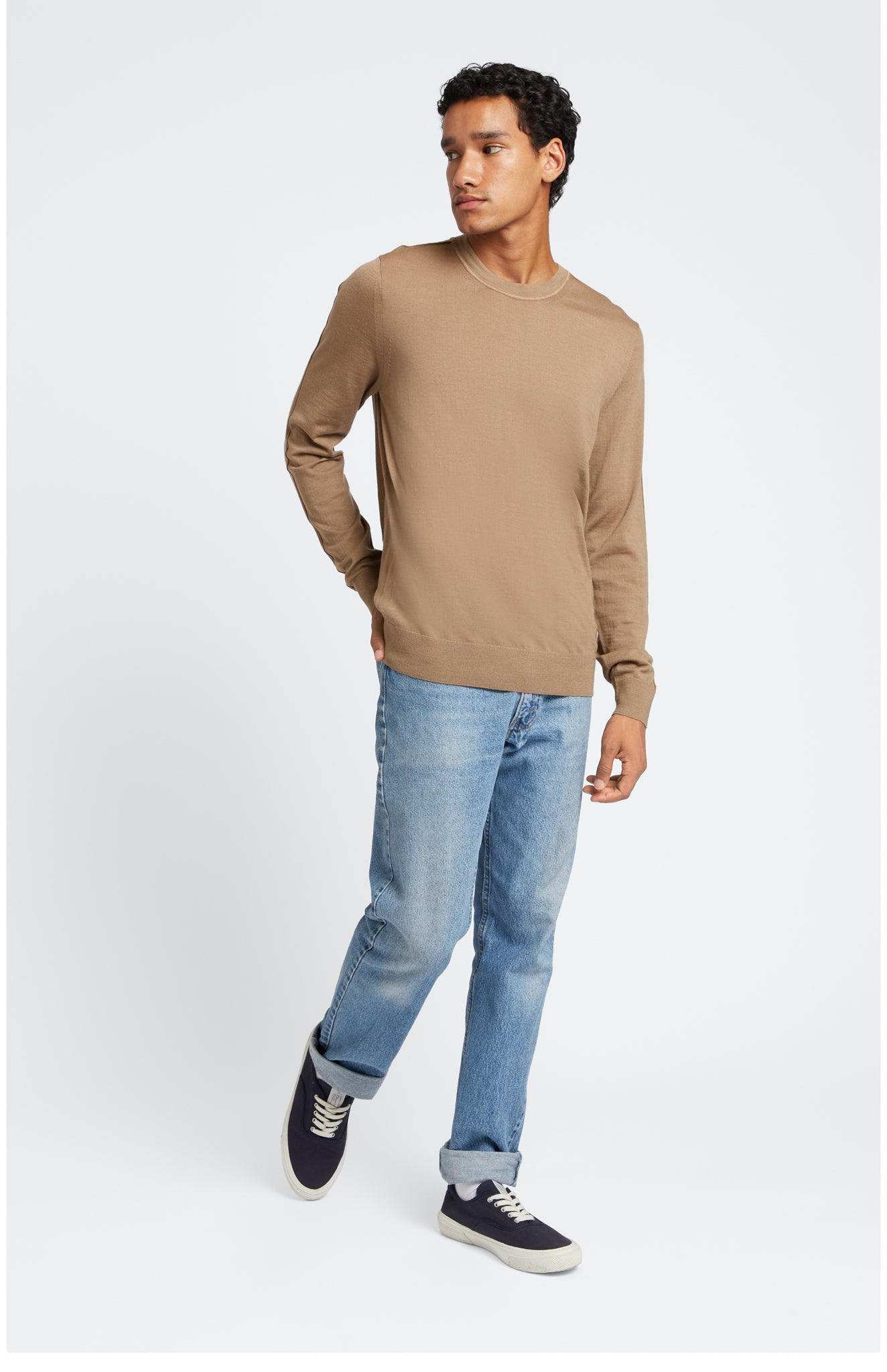 Round Neck Merino Wool Jumper In Camel