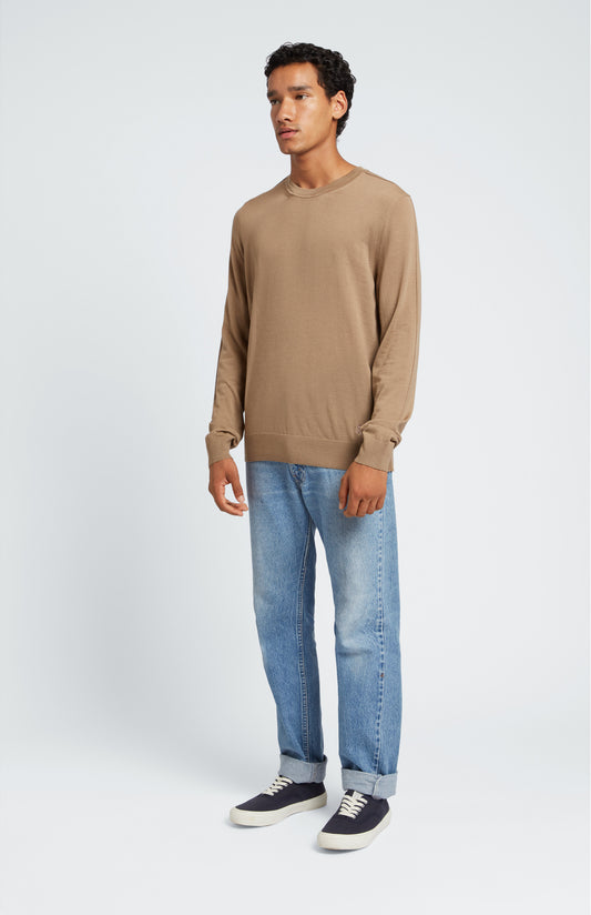 Men's Round Neck Merino Jumper In Tan