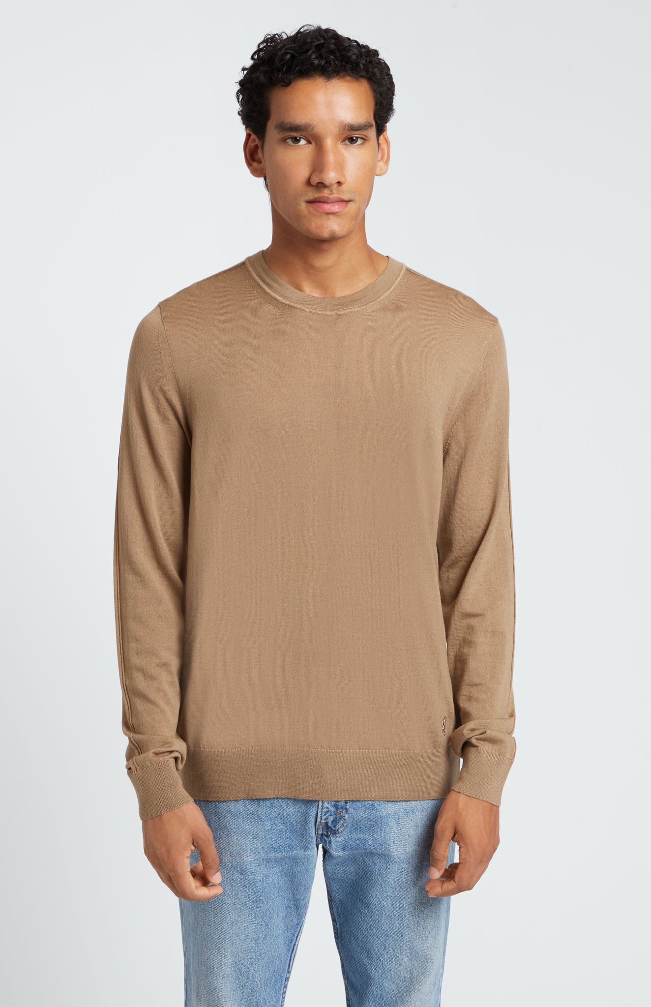 Round Neck Merino Wool Jumper In Camel