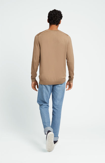 Round Neck Merino Wool Jumper In Camel