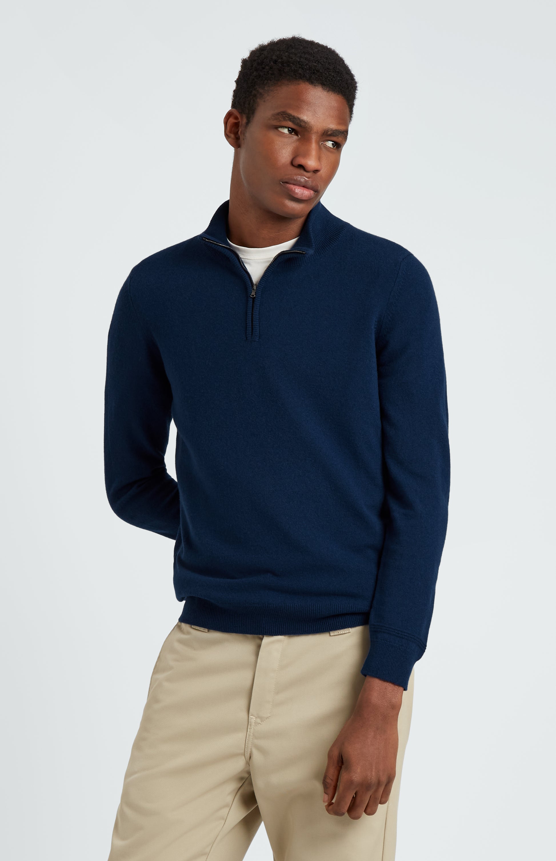 Pringle of Scotland Men's Zip Neck Cashmere Jumper In Altantic Blue on model