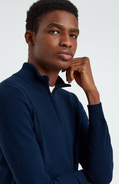 Pringle of Scotland Men's Zip Neck Cashmere Jumper In Altantic Blue showing zip neck detail