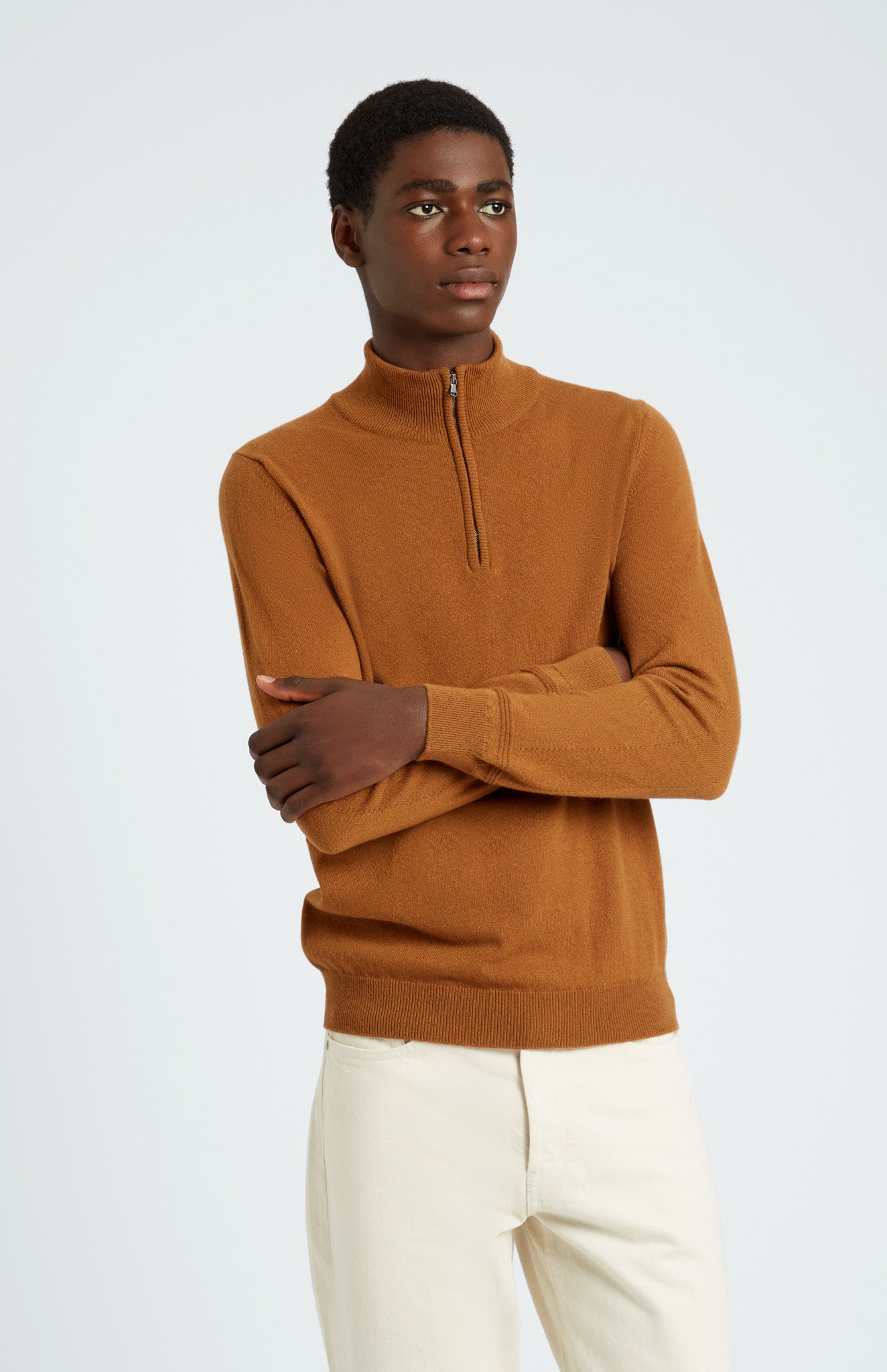 Zip Neck Cashmere Jumper In Vicuna on model - Pringle of Scotland