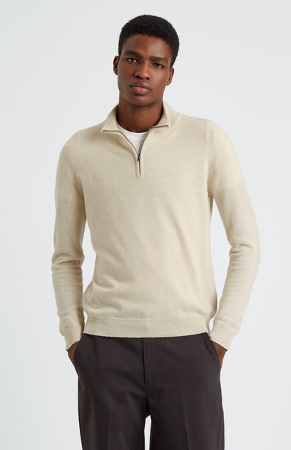 Pringle of Scotland Men's Zip Neck Cashmere Jumper In Light Natural on model