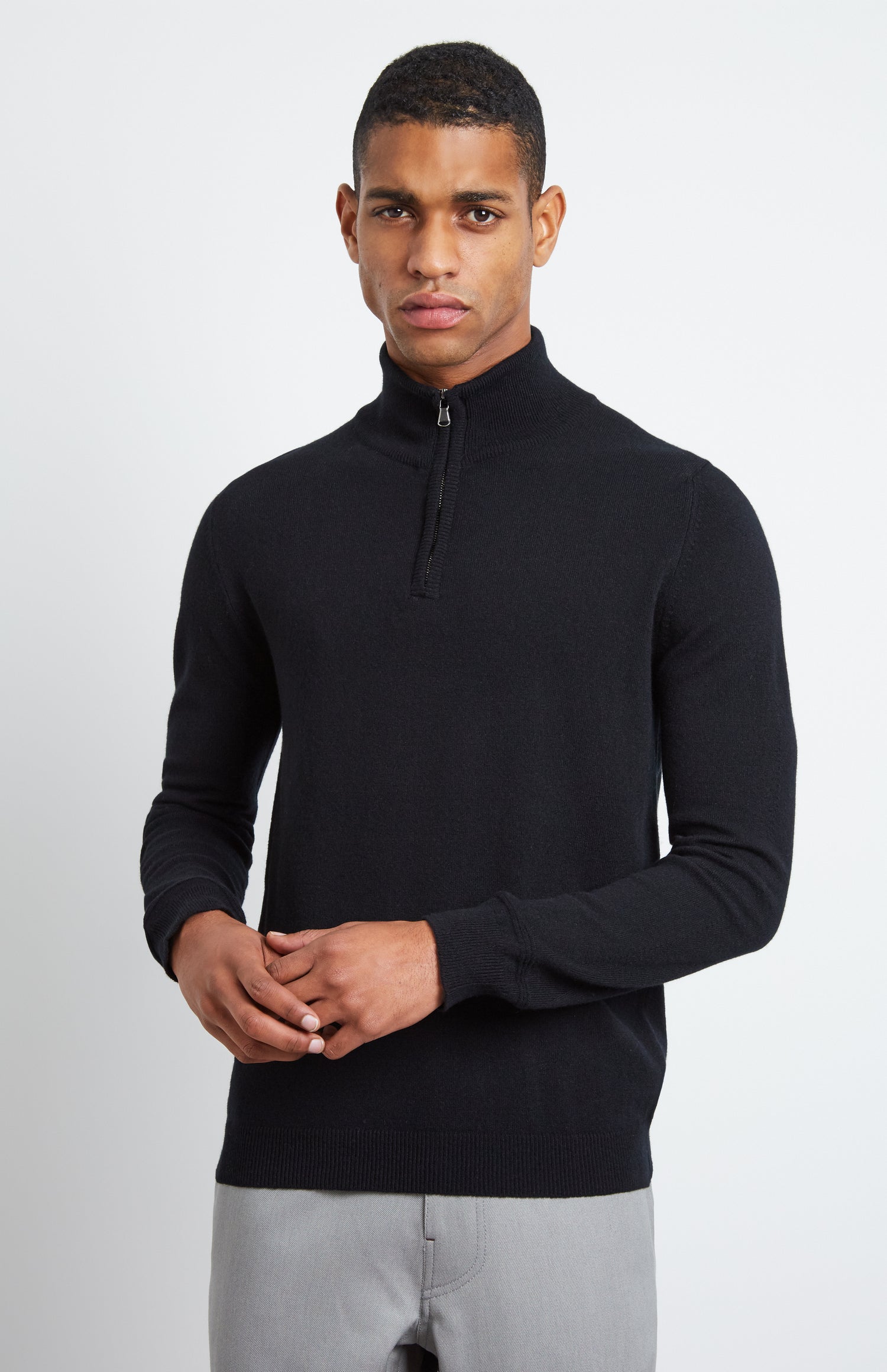 Men's Black Cashmere Zip Neck Jumper Close Up View - Pringle of Scotland
