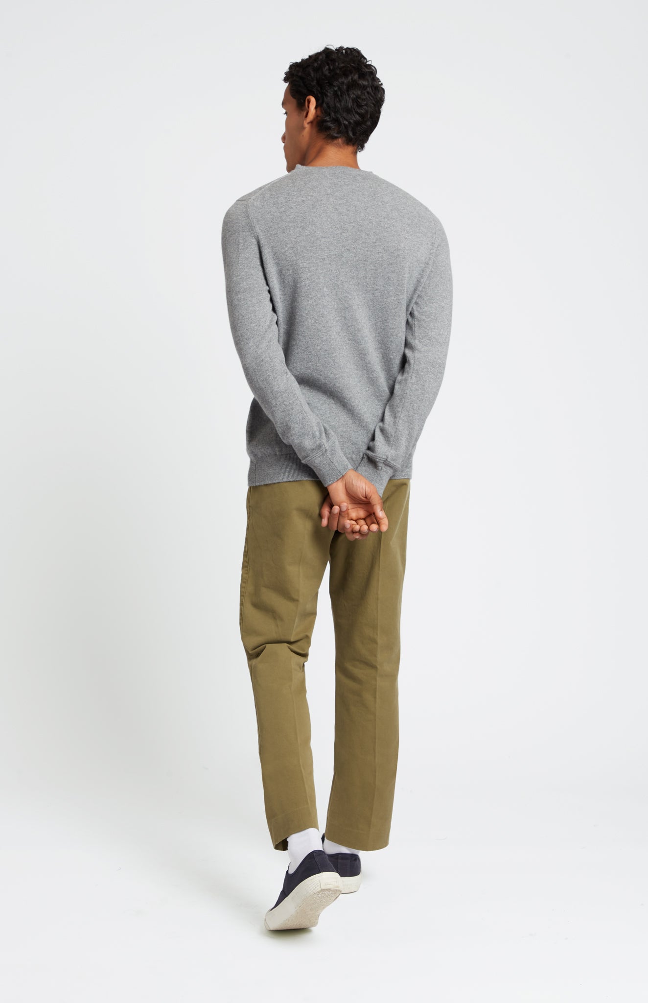 Men's Scottish Cashmere Round Neck Jumper In Flannel Grey on model rear shot - Pringle of Scotland