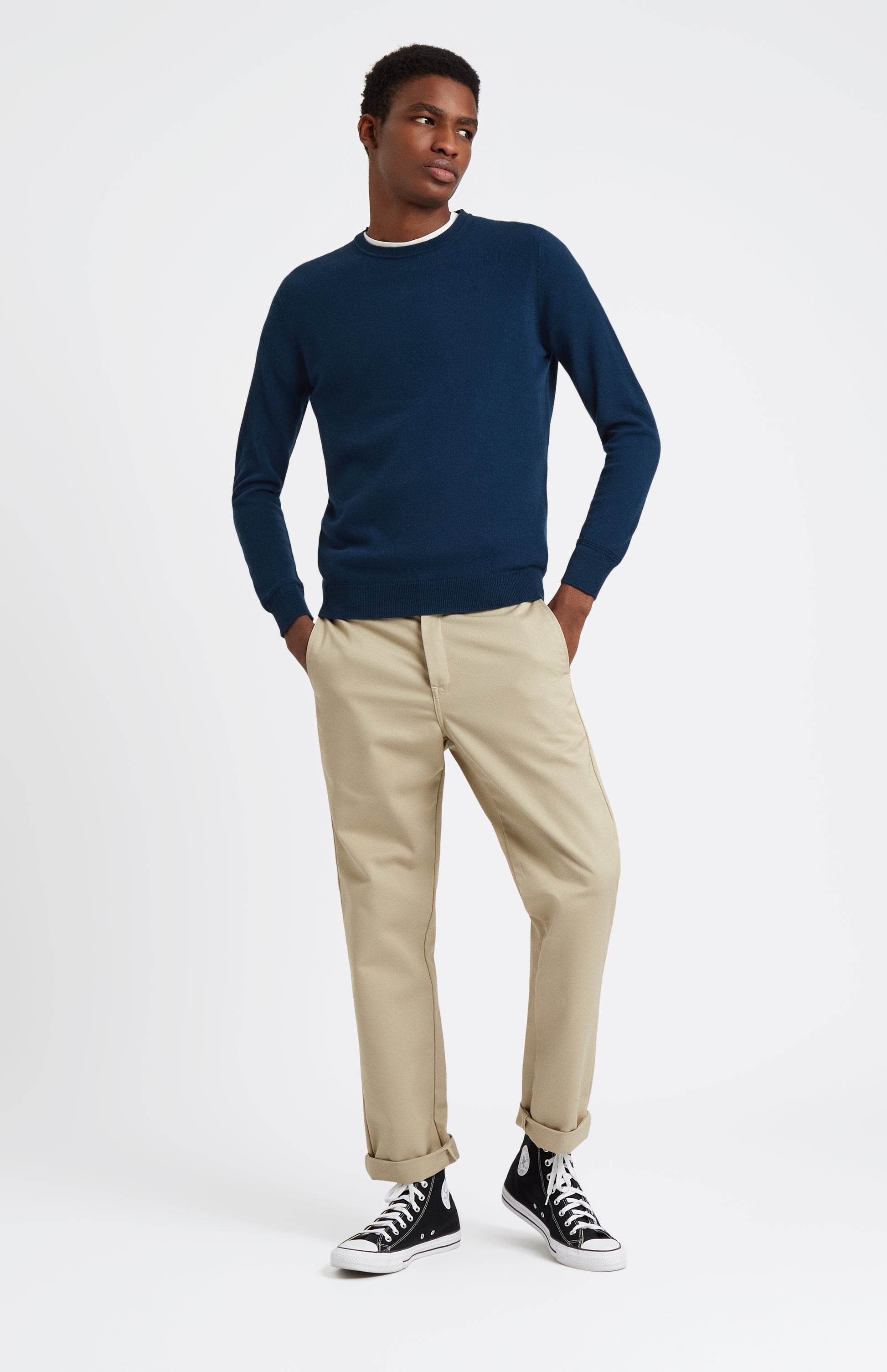 Pringle of Scotland Men's Round Neck Cashmere Jumper In Atlantic Blue on model full length