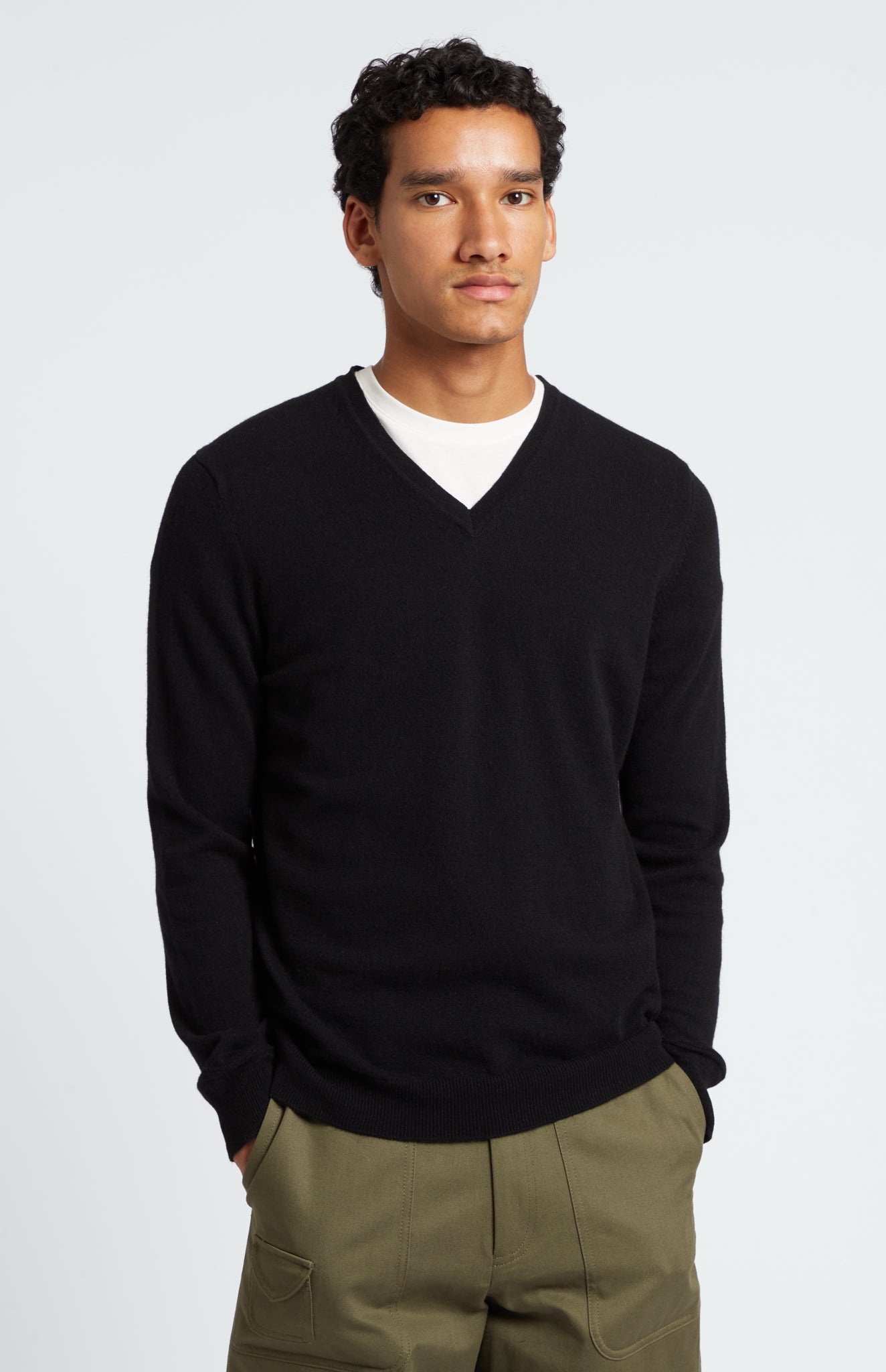 Men's V Neck Cashmere Jumper In Black on model top only- Pringle of Scotland